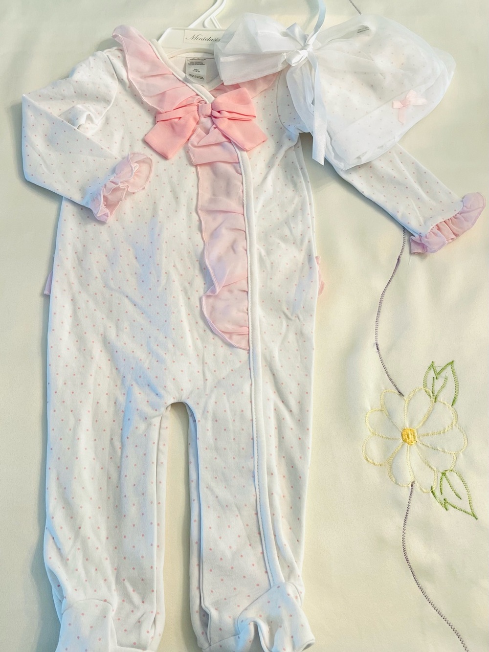 Baby Girls White and Pink Ruffled One-Piece with Bow